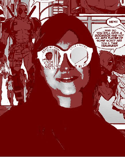 A real life picture of Roxie with Deadpool in the background.